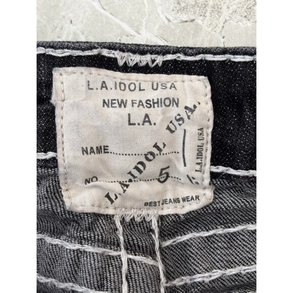 LA IDOL EMBELLISHED BLACK SKINNY JEANS SZ 5 Thick White Stitch Low Rise‎ - Picture 7 of 11